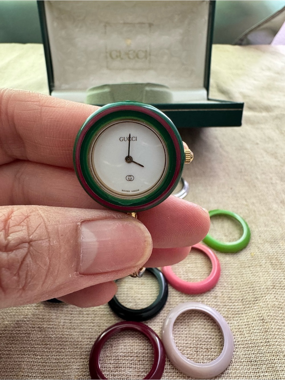 Gucci Gold Bangle Watch with Interchangeable Multicolor Bezels - Picture 10 of 16